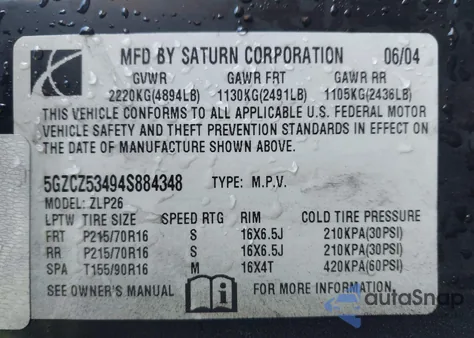 2004 Saturn Vue V6 z USA, uszkodzony, nr VIN 5GZCZ53494S884348